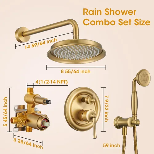 Miniatura 6 de Cabezal de ducha de lluvia con combo de mano, sistema de ducha dorado cepillado con válvula de presión de equilibrio, cabezal de ducha de 9 pulgadas