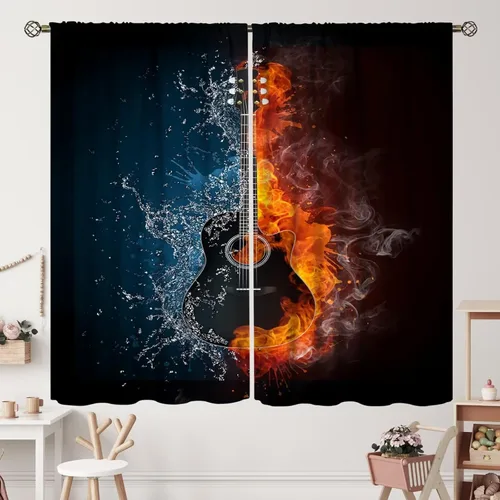 Miniatura 28 de Cortinas de notas musicales, rústicas, mágicas, notas musicales, arte retro, piano y violín, cortina con bolsillo para barra para dormitorio, sala