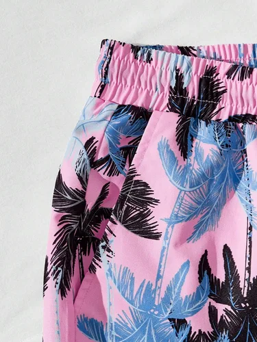 Miniatura 66 de GORGLITTER Conjunto de 2 piezas de camiseta gráfica de manga corta para hombre, estampado hawaiano con cordón y pantalones cortos