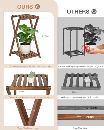 Miniatura 3 de Soporte para plantas de interior, soportes de madera de 2 niveles para plantas, estante cuadrado de esquina, soporte rústico para flores, soporte