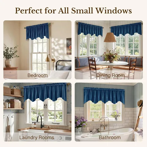 Miniatura 6 de StangH Cortinas decorativas de lujo, cenefa azul con bloqueo de luz, cenefa festoneada para ventana pequeña con bolsillo sólido para barra, cortina