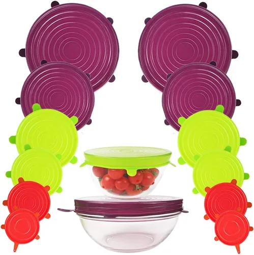 Webake Tapas elásticas de silicona, paquete de 12 tapas expandibles reutilizables (2.6 a 8.3 pulgadas) que se adaptan a varios tamaños de tapas de