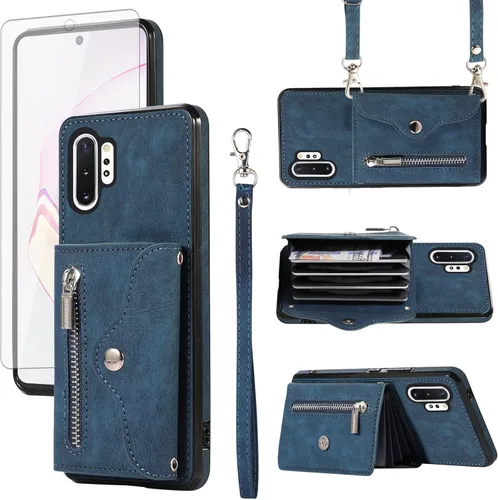 Funda para teléfono Samsung Galaxy Note 10 Plus Note10+ 5G Funda tipo cartera con protector de pantalla de vidrio templado, correa cruzada de