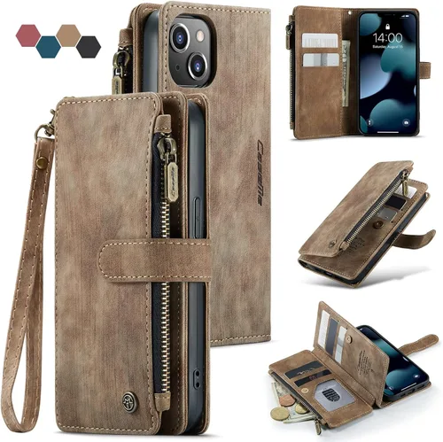 Miniatura 9 de Funda compatible con iPhone 13 Pro Max 5G con tarjetero y función atril magnético, con cremallera, bolsillo, correa de muñeca, funda de cuero