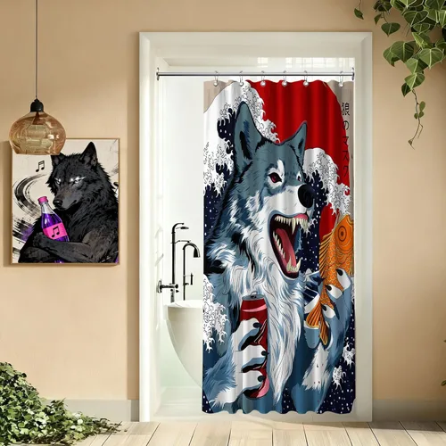 Miniatura 15 de Cortina de ducha estrecha con diseño de gato negro y animé japonés para casa rodante, juegos de decoración de baño, tela impermeable con ganchos, 36