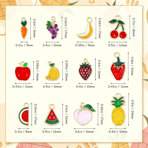 Miniatura 2 de JIALEEY 60 dijes de frutas chapados en oro surtidos esmaltados mezclados con manzana, plátano, piña, fresa, uva, melocotón, colgante, bricolaje