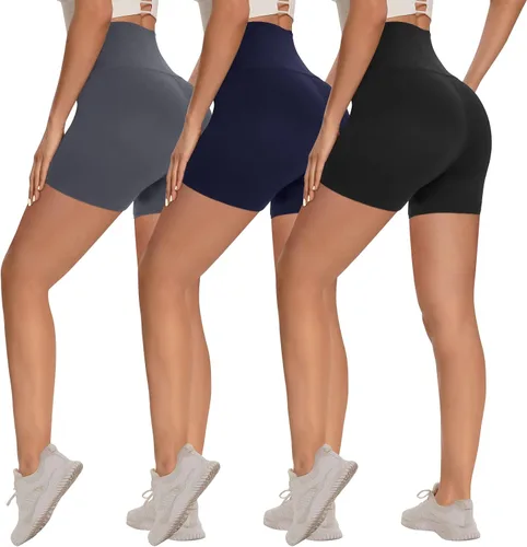 Syrinx Paquete de 3 pantalones cortos de motociclista para mujer, 8, 5, 3 pulgadas, cintura alta, control de abdomen, entrenamiento, yoga, correr,