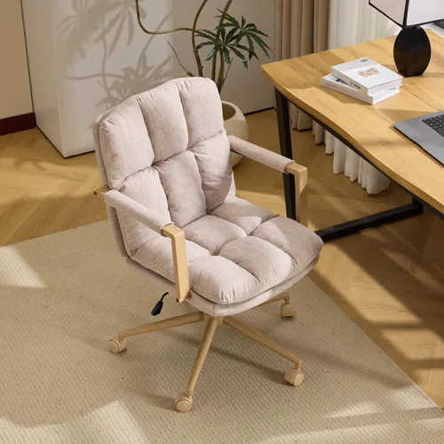 VINGLI Silla de escritorio de lino cómoda con ruedas y cojines desmontables y reposabrazos tipo madera, silla giratoria pequeña para computadora y