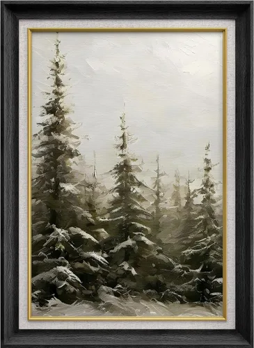 Miniatura 338 de MUDECOR Lienzo enmarcado prémium para pared, pinos nevados en bosque de invierno, ilustraciones modernas, arte contemporáneo, escénico, divertido