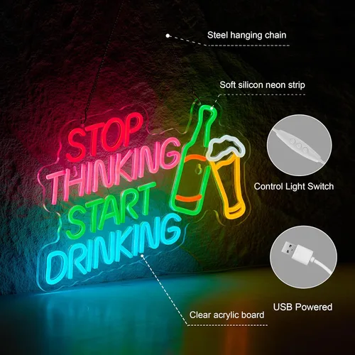 Miniatura 5 de Letrero de neón "Dejar de pensar, empezar a beber" para barra, señal de pared con interruptor regulable para pub de cerveza, letreros de neón LED