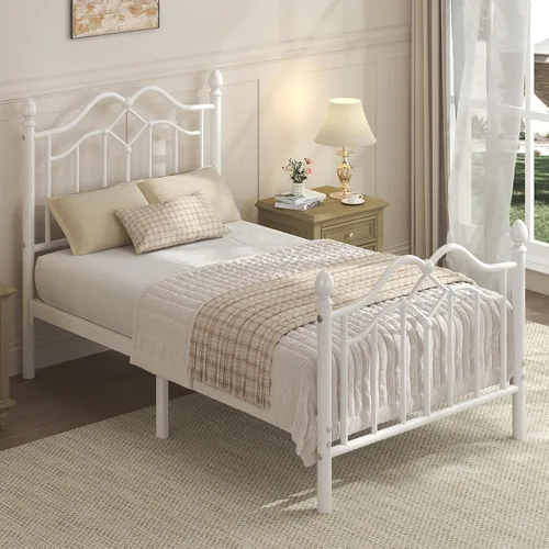 LoVinson Base de cama individual con cabecero y estribo, marco de cama de plataforma de metal moderno para niños, soporta hasta 800 libras, no Blanco
