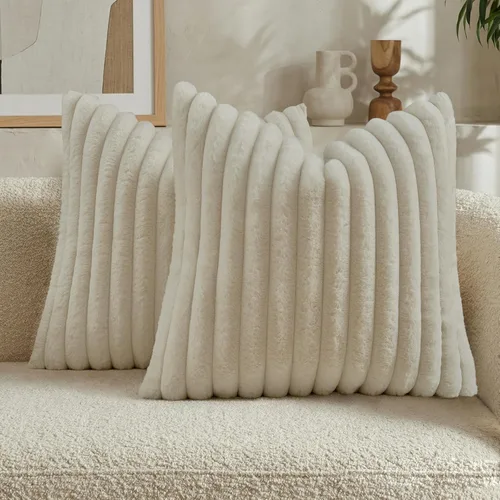 Miniatura 53 de FUTEI - Juego de 2 fundas de almohada decorativas con rayas, cuadradas, para invierno, piel sintética de conejo suave y acogedora y respaldo