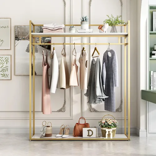 Miniatura 12 de Perchero de metal dorado con estante de madera, perchero resistente con ruedas para dormitorio, uso en boutiques minoristas (37.4 pulgadas de largo)