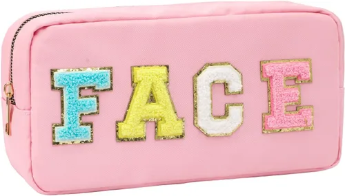 Miniatura 11 de DYSHAYEN Bolsa de Cosméticos de Nylon Pequeña, Bolsa de Maquillaje Preppy de Viaje para Mujeres y Niñas con Parches de Letras de Chenilla, Beige-Skin