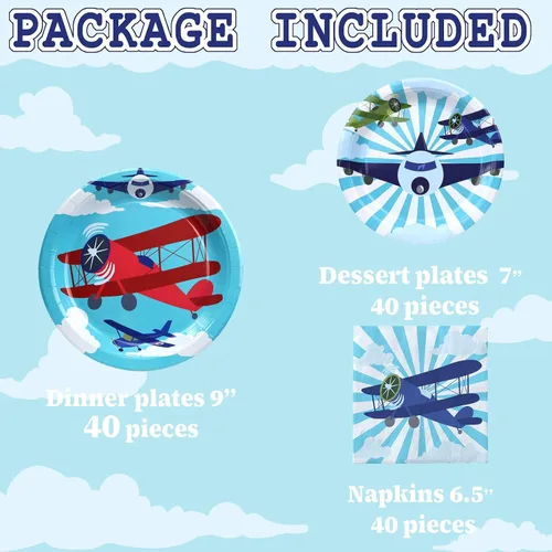 Miniatura 3 de Suministros de fiesta de cumpleaños de avión para 40 invitados, juego de platos de cumpleaños de avión y servilletas, decoraciones de fiesta