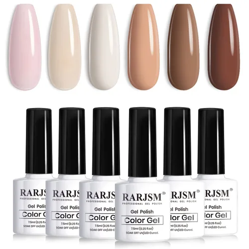 Miniatura 9 de RARJSM Juego de 6 esmaltes de uñas de gel, color marrón, café, vino, borgoña, nude, morado, rosa, champán, dorado, purpurina, para invierno, secado
