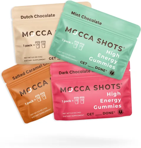 Miniatura 13 de Mocca Shots – Caramelo Salado 100 mg Gummies de cafeína (12 paquetes, 2 por paquete) Café Energía Masticar Gummy, Vegano, Sin gluten, Todo Natural