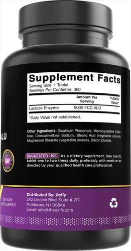 Miniatura 5 de Oxify Lactase Enzyme 9000 FCC ALU 360 tabletas Sin gluten, sin OMG Suplemento fabricado en Estados Unidos