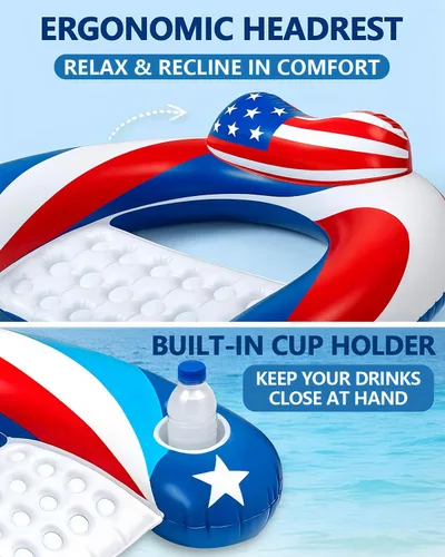 Miniatura 2 de Paquete de 3 flotadores inflables de piscina para adultos, sillas flotantes de piscina con soporte para tazas, flotadores de piscina para adultos