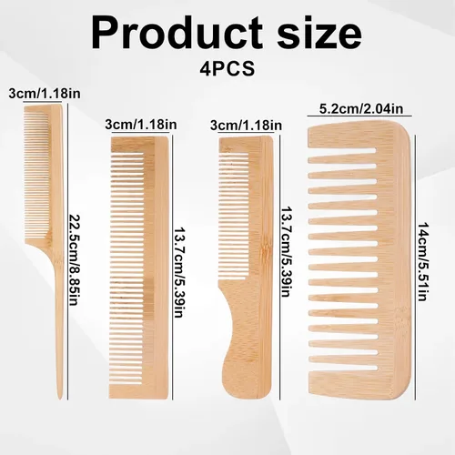 Miniatura 2 de Juego de 4 peines de madera para el cabello, peine de dientes anchos de madera, hecho a mano, de bambú, antiestático, para cabello rizado, grueso