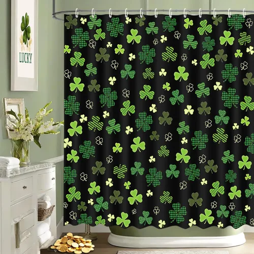 Miniatura 2 de MEHOFOND Cortina de ducha del día de San Patricio, cortina de baño de trébol irlandés, trébol de la suerte negro y verde, a cuadros, decoración