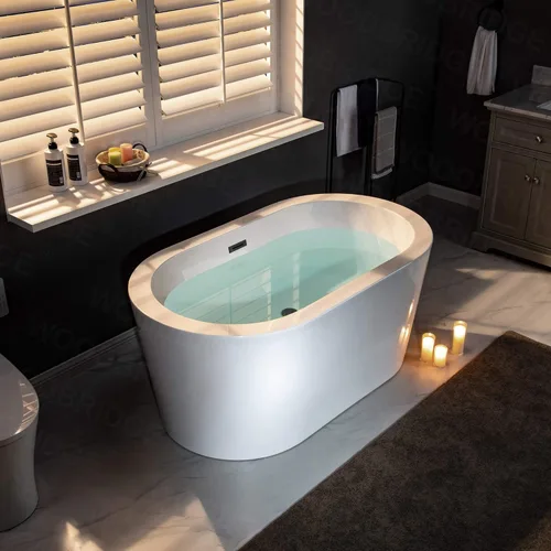Miniatura 11 de WOODBRIDGE Bañera de acrílico independiente de 56 pulgadas, bañera blanca de remojo contemporáneo con desbordamiento y drenaje negro mate, Mate negro