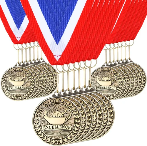 Quelay 30 piezas Medallas de premio de 2" al por mayor, medallas ganadoras de oro con cintas para el cuello, medallas de trofeo de metal, premio,