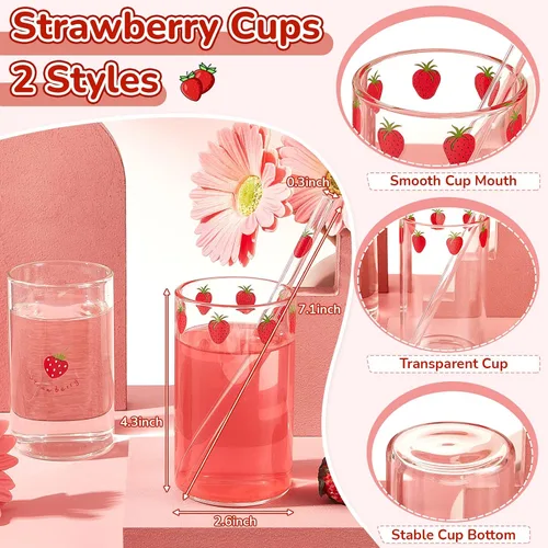 Miniatura 2 de Tessco para ti 2 juegos de tazas de fresa Taza de vidrio de fresa Nana con pajita Vaso de vidrio Vaso de chupito transparente Patrón de bayas Taza