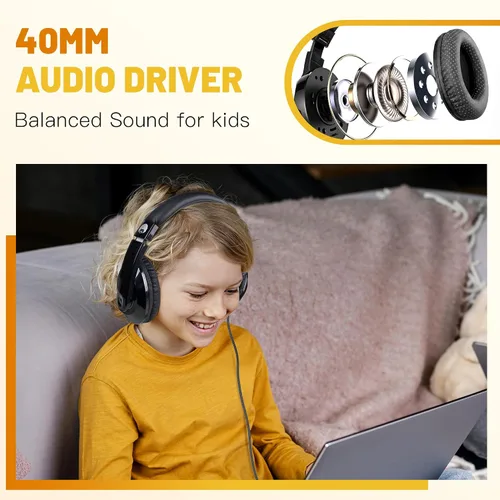 Miniatura 6 de RockPapa Comfort Audífonos para la escuela, ligeros, para niños, niñas, adolescentes, con cable de 3.5 mm para reproductor de CD y DVD, tablet, Negro