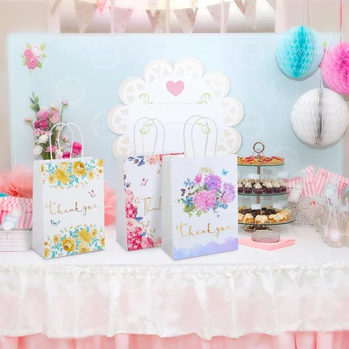 Miniatura 5 de Kesote Bolsas pequeñas de regalo de agradecimiento, paquete de 12 bolsas de agradecimiento con diseño floral con asas, 8.6 x 6.2 x 3 pulgadas
