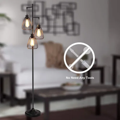 Miniatura 8 de Tangkula - Lámpara rústica de árbol de 3 cabezas, lámpara de pie de metal de 67 pulgadas con 3 pantallas colgantes, iluminación de jaula para sala