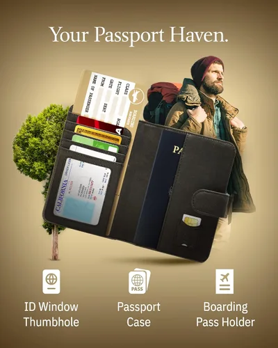 Miniatura 20 de Funda para pasaporte con bloqueo RFID, funda de cuero hecha a mano para pasaporte, organizador de documentos de viaje para hombres y mujeres, Azul