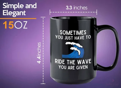 Miniatura 5 de Taza de café de surf de 15 onzas, color negro, paseo la ola, regalos para entusiastas del surf, deportes acuáticos, tabla de surf, atletismo