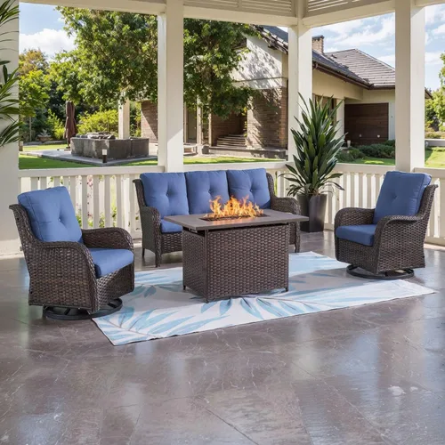 Miniatura 19 de HUMMUH Sillas Mecedoras Giratorias de Mimbre para Patio Exterior con Respaldo Alto, Sillas Deslizantes de Ratán PE, Juego de Muebles de Patio de 4
