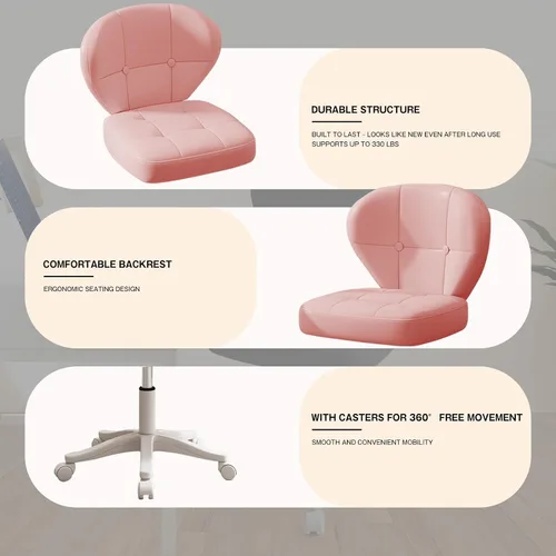 Miniatura 4 de Silla pequeña de oficina con soporte lumbar, silla de escritorio sin brazos de cuero sintético giratoria con altura ajustable, silla compacta Rosa