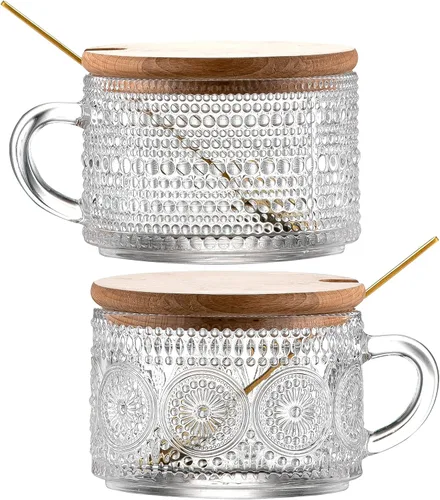 Miniatura 11 de Gezzeny Tazas de café vintage con platillos de 14 onzas, juego de 2 tazas de vidrio en relieve, tazas de té, tazas de café de vidrio para capuchino