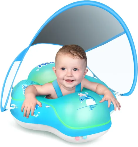 LAYCOL - Flotador inflable de natación para bebé con anillo de flotación para piscina y toldo de protección solar, cola añadida, no se voltea, para