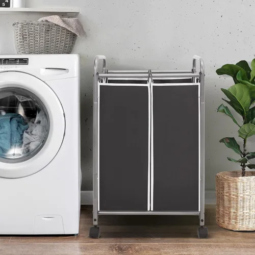 Miniatura 3 de STORAGE MANIAC Clasificador de ropa sucia de 2 secciones, cesta de lavandería de 90 L Gal con ruedas, clasificador separador de cesta de ropa, Negro