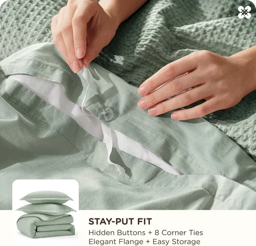 Miniatura 5 de Bedsure - Funda de edredón de algodón tamaño King - Funda nórdica 100% algodón con tejido en rombos color verde salvia, juego de ropa de cama 11
