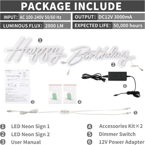 Miniatura 4 de ATOLS Letrero de neón grande de feliz cumpleaños para decoración de pared 2 piezas, con interruptor regulador, letrero de luz de neón reutilizable