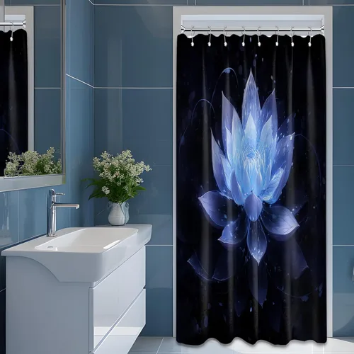 Miniatura 48 de Cortina de ducha con flores de loto negro y azul para decoración de baño, juego de cortinas decorativas de baño con estampado floral, tela