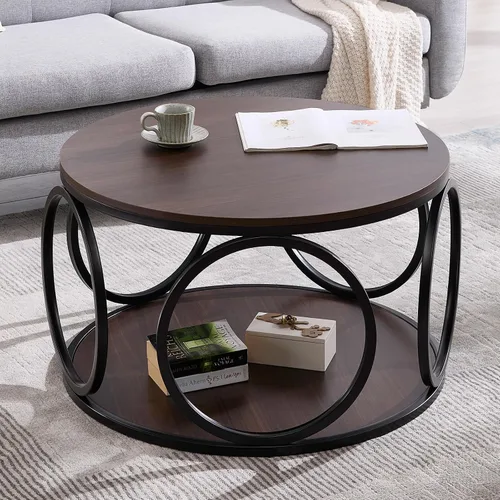 Miniatura 14 de BECHAEO Mesa de centro redonda de 31.5 pulgadas con almacenamiento, mesa de centro vintage de 2 niveles para sala de estar, parte superior de madera