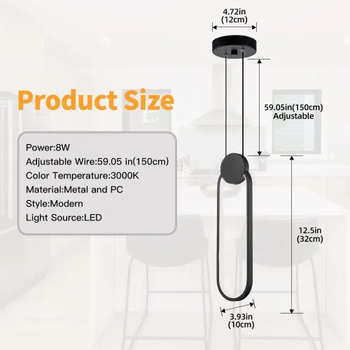 Miniatura 2 de Lámparas colgantes LED negras modernas, paquete de 2 unidades, diseño minimalista, iluminación colgante ovalada para isla de cocina, luz colgante
