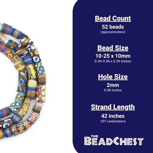 Miniatura 6 de The Bead Chest Cuentas Krobo africanas pintadas, hebra completa de cuentas de vidrio tribales de Ghana para hacer collares o joyas
