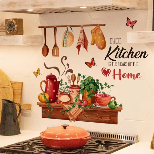 Miniatura 3 de Kitchen is the Heart of Home - Calcomanías de pared para utensilios de cocina, diseño de mariposas verdes, vinilo extraíble para cocina, comedor