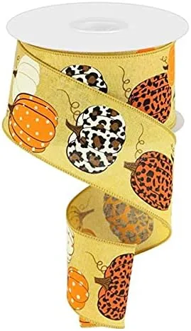 Miniatura 4 de Cinta con borde con alambre de calabazas sobre lienzo con estampado de leopardo, 10 yardas (crema, turquesa, 2.5 pulgadas)