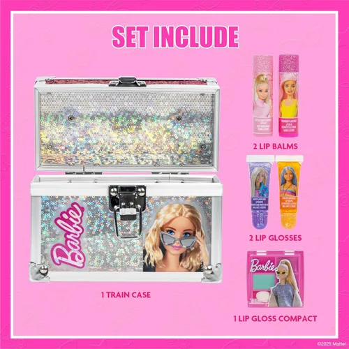Miniatura 2 de Barbie Beauty Mini Train Case Set incluye tubo de brillo de labios, bálsamo labial, brillo de labios compacto para fiestas de pijamas de niñas