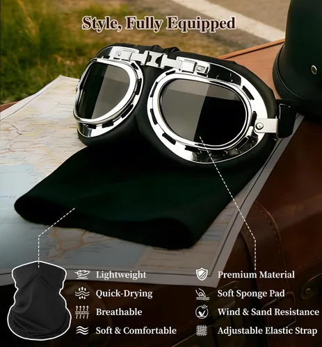 Miniatura 4 de Casco de motocicleta de estilo alemán aprobado por DOT con gafas y máscara, medio casco retro con hebilla de liberación rápida para motocicleta