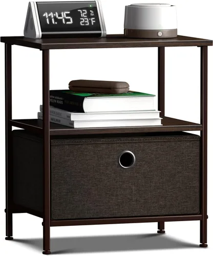 Miniatura 19 de Sorbus Mesita de noche con 1 cajón, mueble de noche y mesa auxiliar con marco de acero, parte superior de madera y contenedores de tela fáciles
