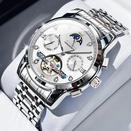 Miniatura 2 de OLEVS Relojes automáticos para hombre, esqueleto Tourbillon, reloj de pulsera de lujo con diamantes de cuerda automática, acero inoxidable